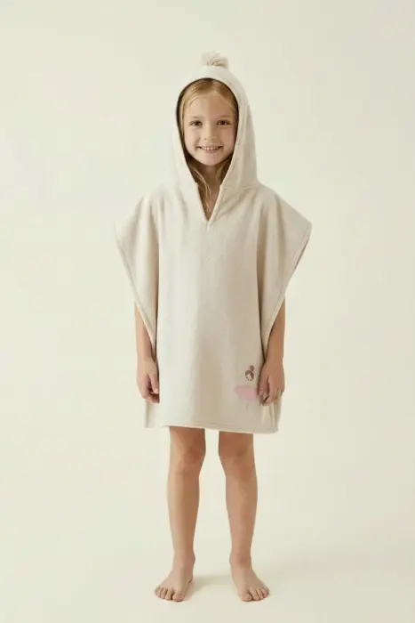 Pončas Baby 60x120 cm, vaikams, kreminės spalvos, su gobtuvu, 450 g/m²