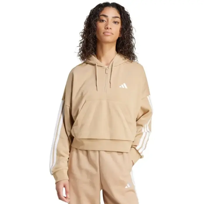 Women's Essentials 3-Stripes French Terry Hoodie Quarter Zip Beige JX7676 - Feature: XL