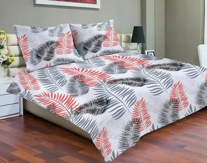 Satīna gultas veļas komplekts 160x200 cm 45A Exclusive Palm Leaves White Grey Red