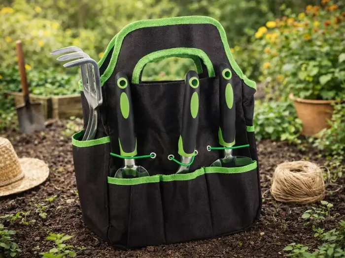 Dārza instrumentu komplekts: grābulis, dakšas, lāpsta (4 vienības) + somiņa
