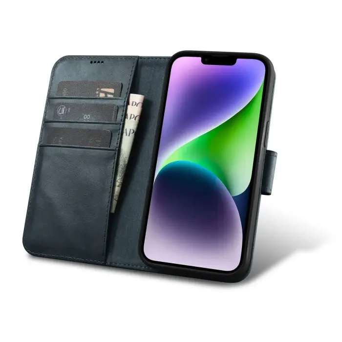iCarer 2-in-1 Кожаный чехол-книжка с Anti-RFID для iPhone 14 Plus - Синий