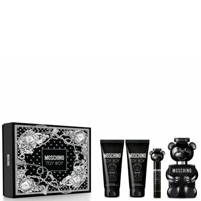Moschino Toy Boy by Moschino EAU DE PARFUM SPRAY 3.4 OZ & AFTERSHAVE BALM 3.3 OZ & SHOWER GEL 3.4 OZ & EAU DE PARFUM SPRAY 0.33 OZ for MEN
