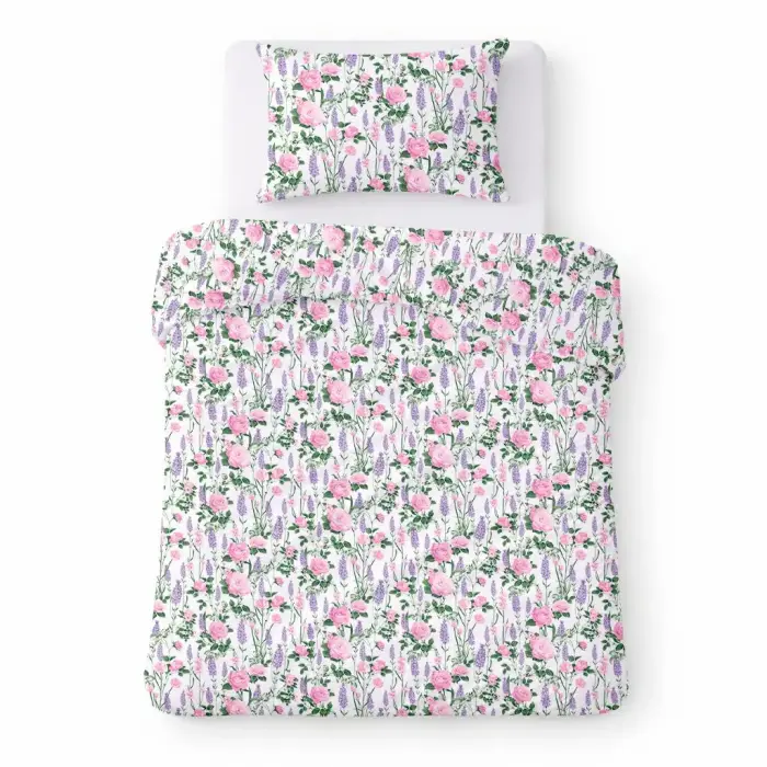Pościel bawełniana 140x200 biała w róże i lawendę romantyczny wzór - COTTON HOME