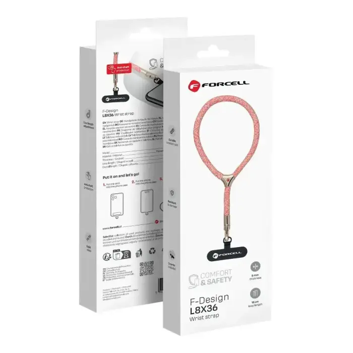 FORCELL F-DESIGN L8X36 plaukstas siksniņa tālrunim ar regulējamu garumu (maks. 18cm cilpā) rozā balta