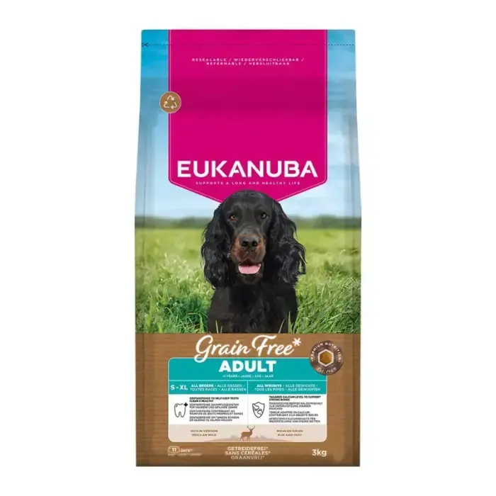 Eukanuba Grain Free Adult All Breed sausā suņu barība ar briedi, 3 kg