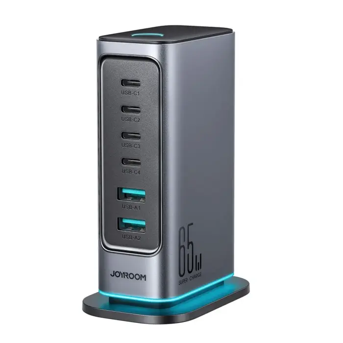 Joyroom JR-TCM02 65W GaN uzlādes stacija 2x USB-A 4x USB-C ar UK spraudni - Pelēks