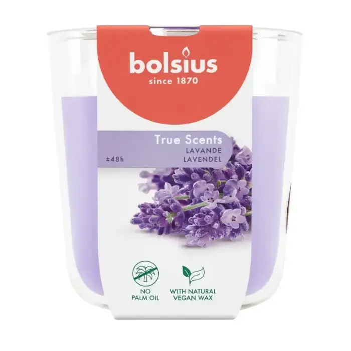 Bolsius True Scents kvapioji žvakė stikliniame indelyje, Levanda, Ø97x85mm