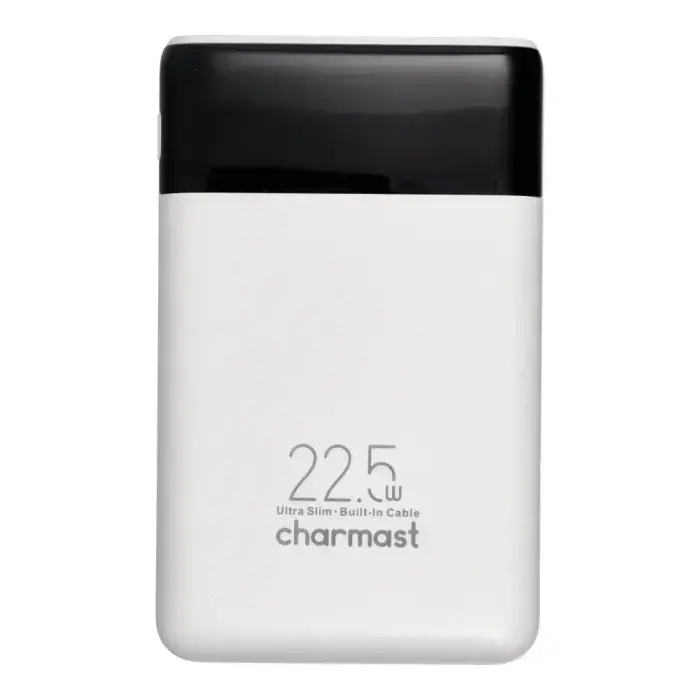 Charmast W1202 10000 mAh Power Bank, 22.5W, with Built-in USB-C and Lightning Cables, White