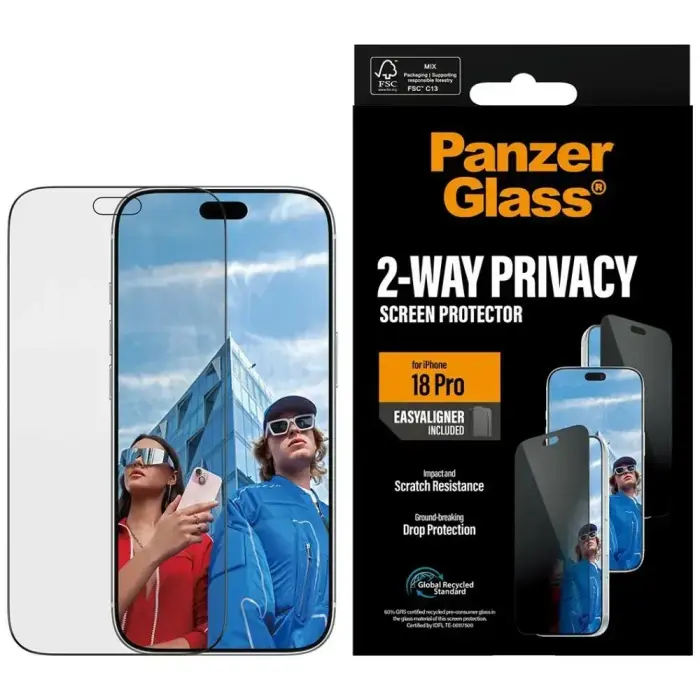 Privātuma aizsargstikls PanzerGlass 2-Way Ultra-Wide Fit EasyAligner priekš iPhone 18 Pro