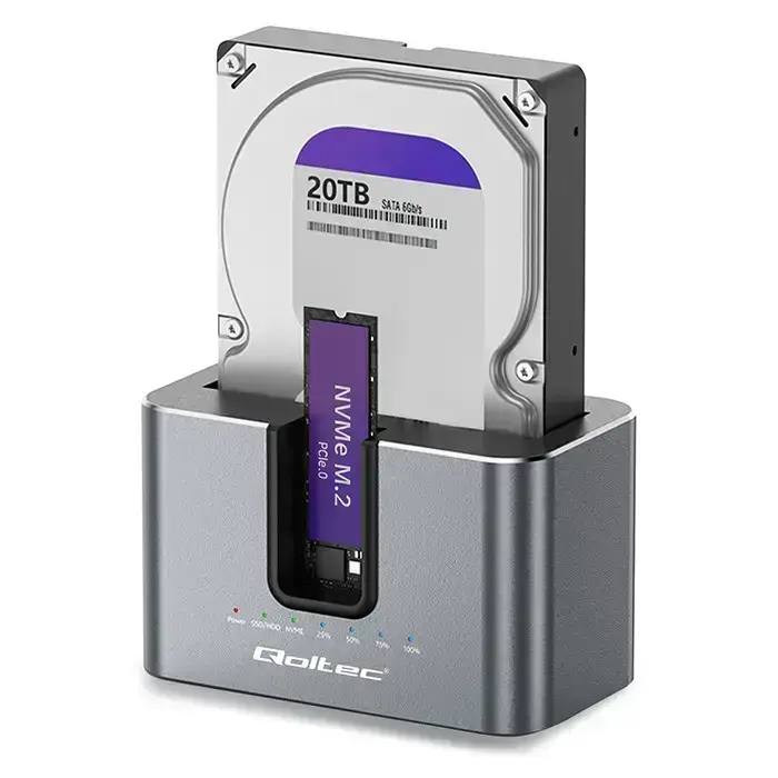 Док-станция Qoltec 2-в-1 с функцией клонирования для HDD и SSD накопителей | 2.5" 3.5" SATA 6Gb/s | M.2 NVMe 10Gb/s | USB-C 3.2 Gen 2 | 28TB | Алюминий