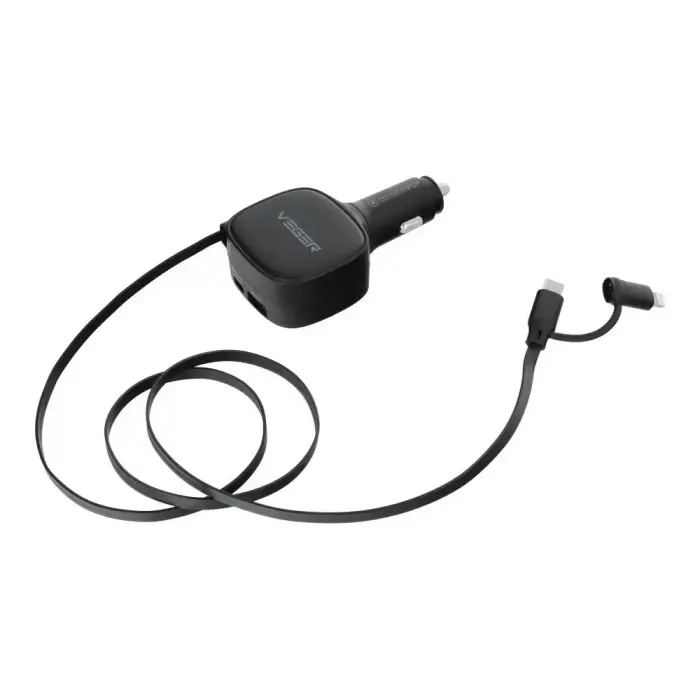 VEGER Autolaadija USB-C + USB-C kuni Lightning kaabel QC PD 84W CC89 Must