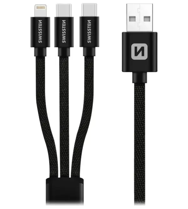 SWISSTEN DATOVÝ kaabel TEXTILE 3in1 1,2 M ČERNÝ (Lightning, 2x USB-C)
