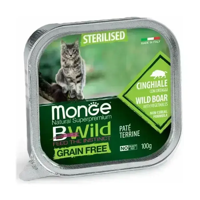 Monge Cat BWild Grain Free Sterilised Pate Wild Boar with Vegetables complete grain-free wet pâté food with wild boar and vegetables for sterilised cats, 100 g