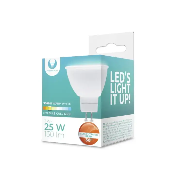 LED pirn GU5,3 3W 12V 3000K 130lm 38° Forever Light
