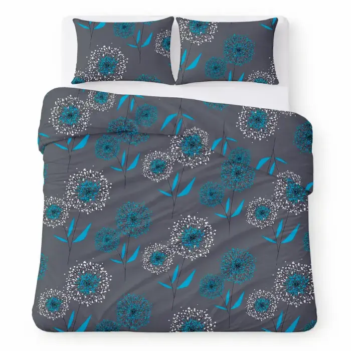 COTTON HOME Kokvilnas gultas veļas komplekts 160x200 cm Grafīta ar tirkīza pienenēm