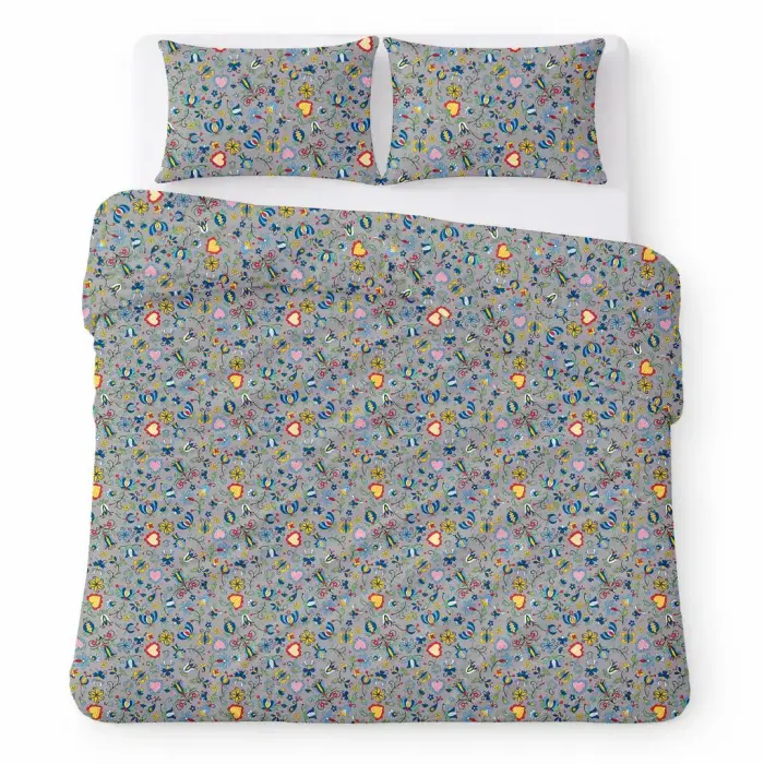 Cotton Home Gultas veļas komplekts 180x200 cm Pelēks ar krāsainiem tautas rakstiem