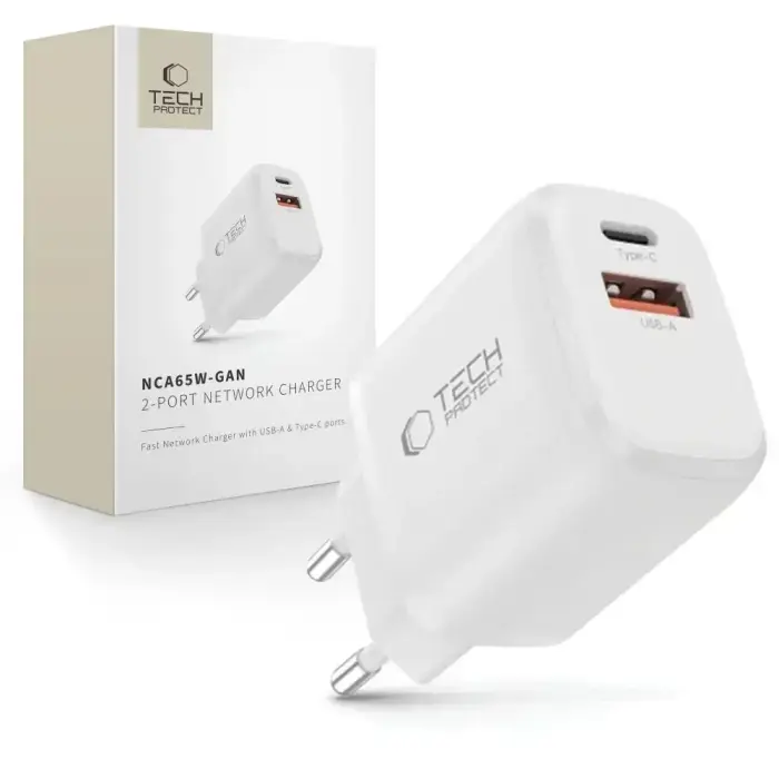 TECH-PROTECT NCA65W-GAN 2-portu GaN tīkla lādētājs PD 65W / QC3.0 Balts