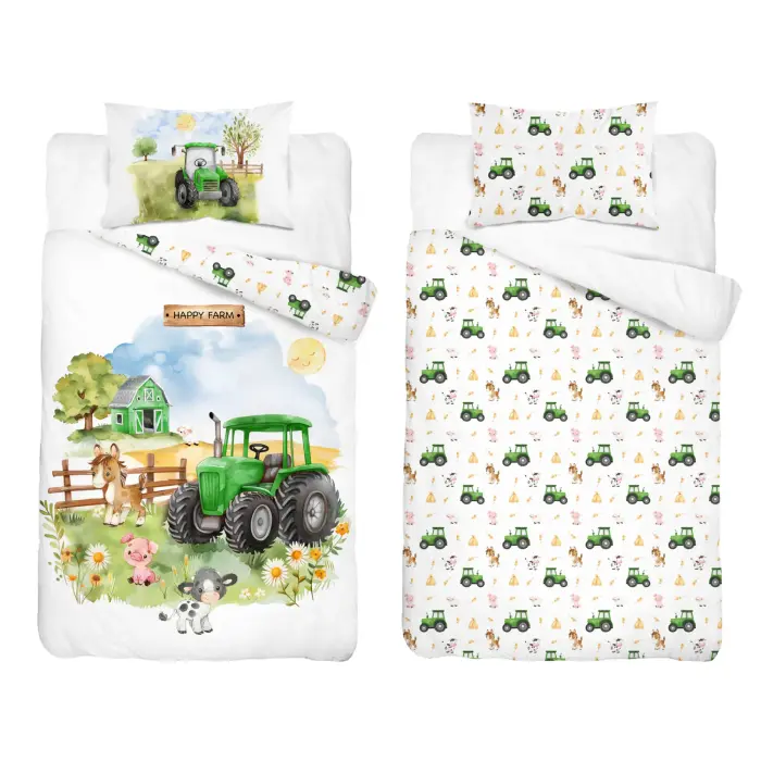 Pościel bawełniana dziecięca 100x135 cm zielona w traktory – MAYAMOO – wzór 5565 B