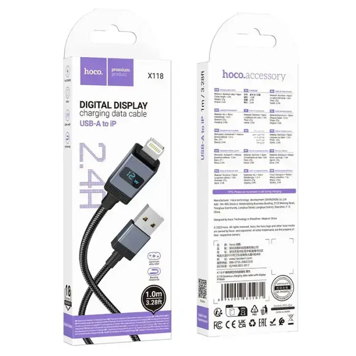 Cable USB A to Lightning Hoco 2,4A with display 1 m X118 black Photo