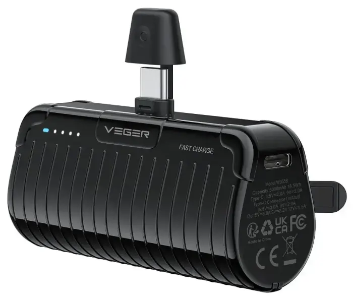 Veger PlugOn (W0558) Powerbank | 5000 mAh | 20W | PD, QC | USB-C | Melns
