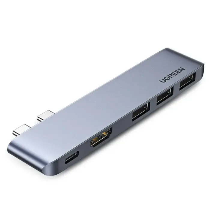 Ugreen daugiafunkcis HUB skirtas MacBook Pro/Air 2x USB-C į USB-C HDMI 3x USB 3.0 - Pilkas
