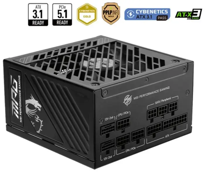 MSI toiteplokk MPG A1250GS PCIE5/ 1250W/ ATX3.1/ akt. PFC/ 10 let celk. garantii/ 135mm fan/ moodulaarsed kaablid/ 80PLUS Gold