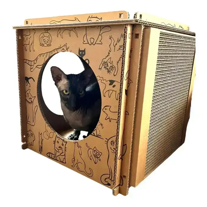 KOTOMODA Premium Cat House Cube 36 × 36 × 36 cm — cardboard cat house with a scratching panel