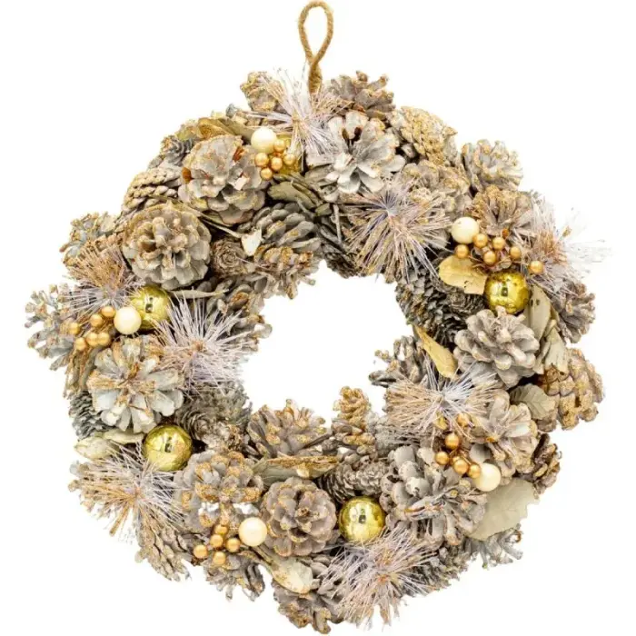 DECORATIVE WREATH 34 CM GOLD WITH PINES AND MICA BALLS