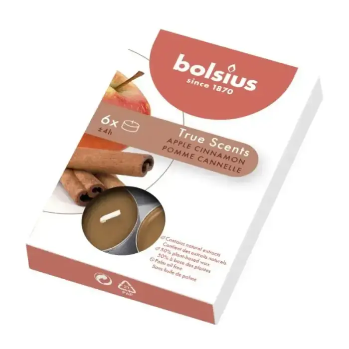 Bolsius True Scents ābolu kanēļa aromātiskās tējas svecītes, 6 gab.