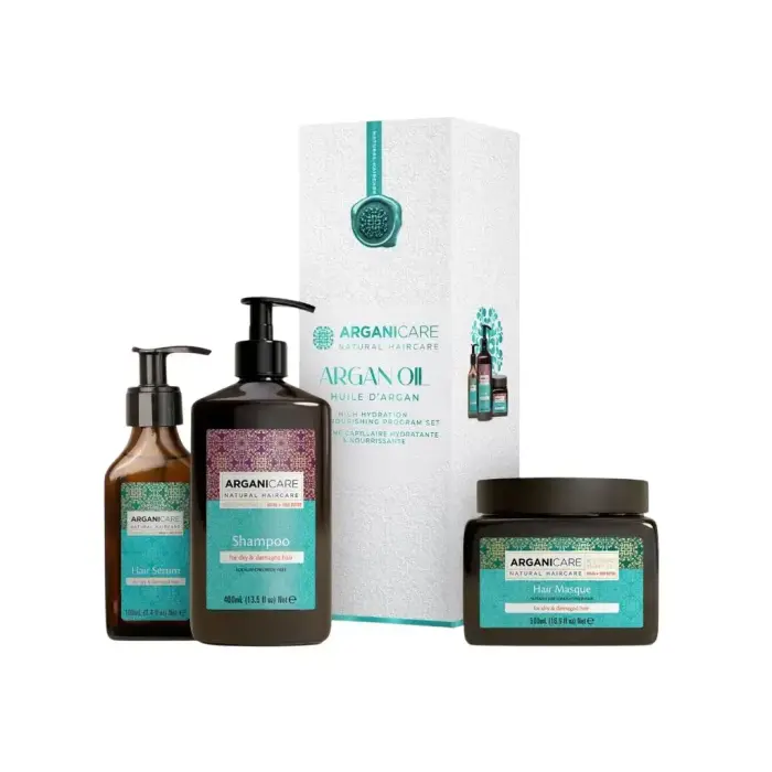 Set Arganicare: Argan Oil & Shea Butter, Hair Shampoo, Repairing & Moisturising, 400 ml + Argan Oil & Shea Butter, Hair Serum, Reparative, 100 ml + Argan Oil & Shea Butter, Hair Treatment Cream Mask, Repair, Moisturizing, 500 ml