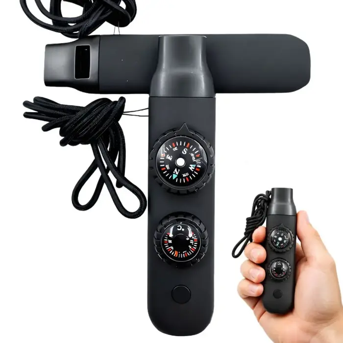 Emergency whistle black survival tourist compass torch magnifying glass thermometer