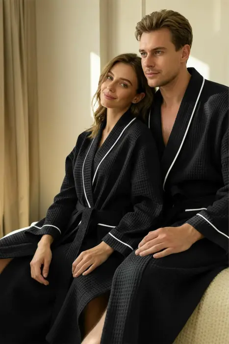 Wool bathrobe Wafel L/XL, black/white, with piping