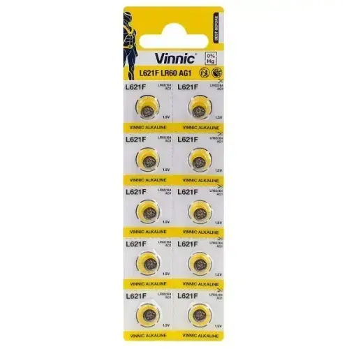 Vinnic AG1 / LR60 / SR621W / 164 / GP64A / 364 Alkaline 1.5V Batteries (10pcs)