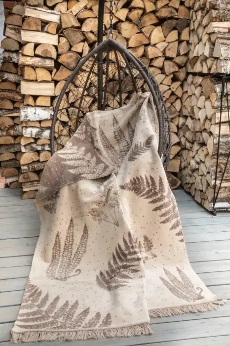 Kokvilnas akrila pleds 150x200 cm 1393/1 bēšs kakao palmu lapas ziedi