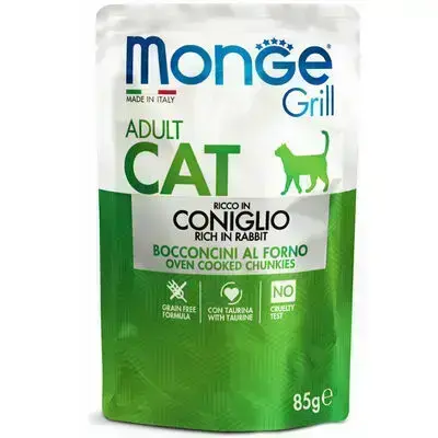 Monge Grill Adult Cat Chunkies in Jelly Rich in Rabbit 85 g — complete wet food for adult cats with rabbit in jelly