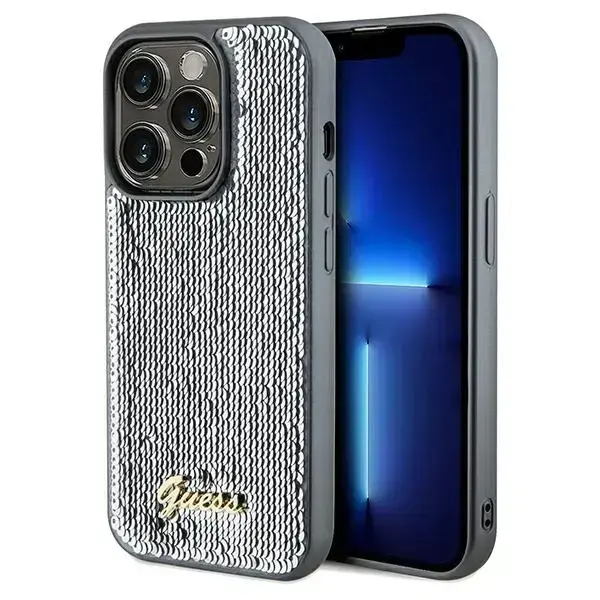 Guess Sequin Script Metal Hard Case for iPhone 14 Pro Max - Silver