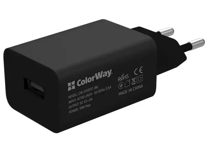 COLORWAY 1x USB/ síťová laadija/ 10W/ 100V-240V/ Must
