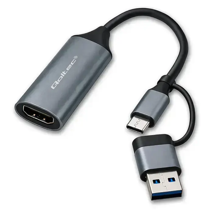 Qoltec Карта видеозахвата | Адаптер USB-C и USB-A | HDMI | 4K 30Hz | Алюминий