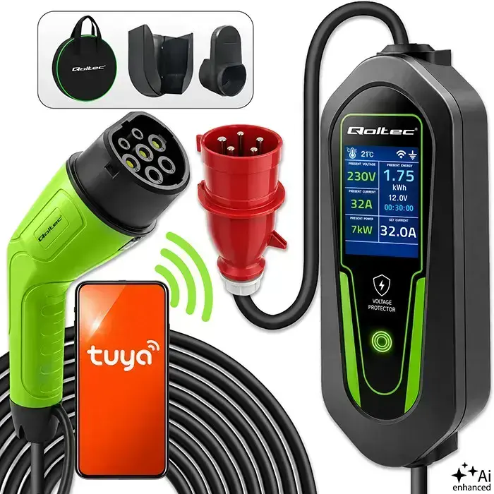 Зарядное устройство Qoltec для электромобилей и гибридов 2-in-1 Type 2 регулируемое | 7kW | 230V | CEE 32A | Wi-Fi | Tuya | Smart Life | LCD | 5m