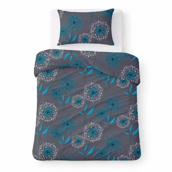 COTTON HOME Puuvillane voodipesu komplekt 140x200 cm - grafiithall türkiissiniste võililledega