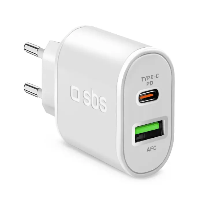 SBS TETRPD20W Sieninis įkroviklis Power Delivery USB-A USB-C 20W - Baltas