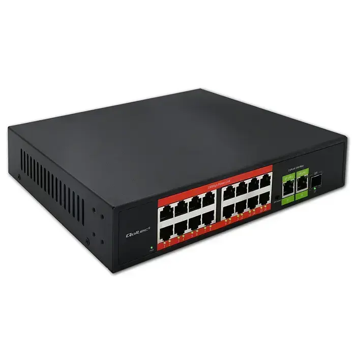 Qoltec Fast Ethernet PoE Switch | 16x RJ45 10/100 Mbps | 2x RJ45 Uplink 1000 Mbps | 1x SFP 1000 Mbps