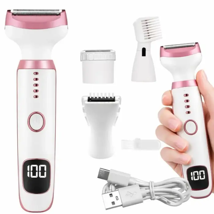 5-in-1 epilators ķermenim, kājām un sejai, bikini zonas un uzacu trimmeris, deguna epilators, USB skuveklis