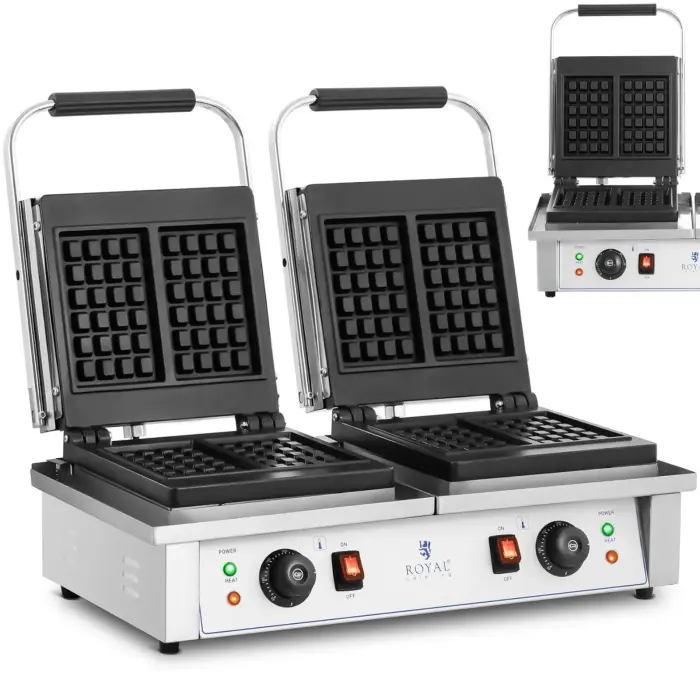 Double rectangular waffle maker for 4 Belgian waffles 2 x 2000 W
