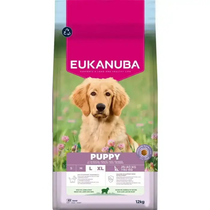 Eukanuba Puppy and Junior sausā suņu barība lielu šķirņu kucēniem, jērs un rīsi, 12 kg