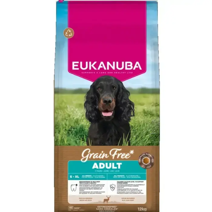 Eukanuba pieaugušajiem visu šķirņu bezgraudu sausā barība suņiem ar brieža gaļu, 12kg